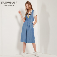 马克华菲女装2019夏新款时尚交叉背带裤女阔腿牛仔裤七分裤