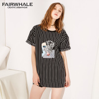 马克华菲女装2019夏连衣裙 条纹印花连衣裙圆领休闲连衣裙