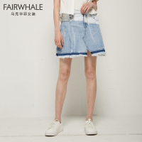 马克华菲女装2019夏季新款时尚拼色牛仔a字裙不规则拼接半身裙