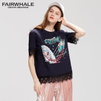 马克华菲女装2019夏季新款韩版蕾丝拼接上衣 字母彩印短袖T恤