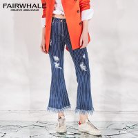 马克华菲女装2019新款微喇牛仔裤女九分显瘦破洞竖条纹裤子