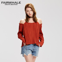 马克华菲女装2019夏新款吊带露肩长袖衬衫 短款都市雪纺衫