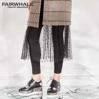 马克华菲女装2019夏季新款淑女休闲长裤 蕾丝拼接系带裙裤