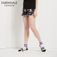 马克华菲女装2019夏新款休闲印花短裤女松紧腰翻边沙滩裤直筒裤