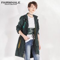 马克华菲女装2019冬季新款中长款方领外套 长袖深绿色风衣