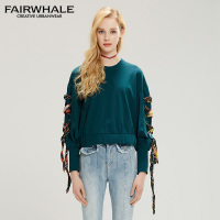 马克华菲女装2019春季名族风长袖上衣 短款圆领针织套头衫