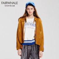 马克华菲女装2019秋新休闲插肩英文撞色织带背部蕾丝拼接棉服