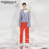 马克华菲女装2018春夏新款休闲运动白色条纹字母印花长裤