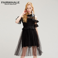 马克华菲女装2018秋季中长款拼接百褶裙 刺绣印花短袖连衣裙