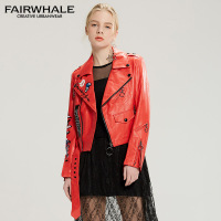 马克华菲女装2018春季短款贴布红色外套 字母印花机车夹克