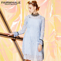 马克华菲女装2018夏季长袖蕾丝连衣裙 高腰淑女风裙子