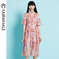 马克华菲女装2019夏装新款V领喇叭袖蛋糕裙休闲度假风连衣裙