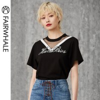 马克华菲女装 2019夏短款短袖T恤露肚脐个性亮片字母V领