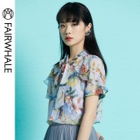 马克华菲女装 两件套雪纺衫 2019夏装新款圆领刺绣拼接蕾丝上衣