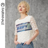 马克华菲女装2019夏短款纯白色镂空T恤女短袖学生字母t