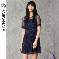 马克华菲女装2019夏季新款蝴蝶结蕾丝拼接连衣裙显瘦收腰A字裙女