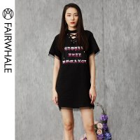 马克华菲女装2019夏新款交叉绑带V领黑色棉质短袖连衣裙