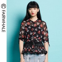 马克华菲女装2019夏新款系带拼接荷叶花边七分袖衬衫