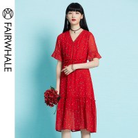 马克华菲女装新款法式复古红色连衣裙夏2019流行夏天裙子超仙长裙