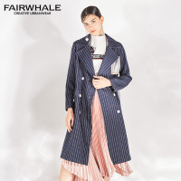 马克华菲女装2019春季新款中长款牛仔长袖风衣 系带贴布外套