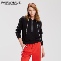 马克华菲女装2019秋季新款连帽百搭时尚上衣 长袖纯黑卫衣