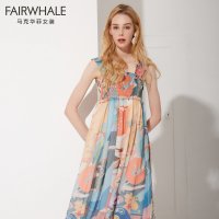 马克华菲女装2019夏吊带一字肩连衣裙印花超仙连衣裙