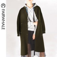 马克华菲女装2018冬新款中长款军绿双面毛呢大衣风衣外套女韩版