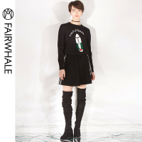 马克华菲女装2019春季新款卡通趣味图案A字裙摆针织套装