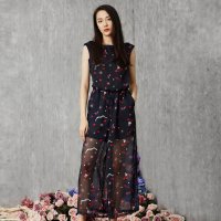 马克华菲女装 夏装新款显瘦高腰提花无袖背心荷叶边蕾丝连衣裙女