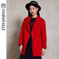 马克华菲女装2018冬季中长款红色双面毛呢大衣