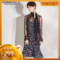 马克华菲女装2019春季新款镂空蕾丝碎花荷叶边雪纺裙吊带连衣裙