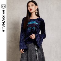 马克华菲女装2019春装新款丝绒长袖T恤修身喇叭袖上衣内搭打底衫