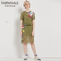 马克华菲女装2019夏新款镂空蕾丝两件套连衣裙小清新省心搭配套装