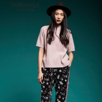 马克华菲女装2019圆领短袖开边羊毛针织衫套头衫