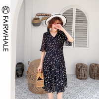 马克华菲女装2019夏收腰系带连衣裙印花雪纺连衣裙女气质