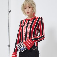 马克华菲女装2019秋新款潮小清新女装上衣喇叭袖针织衫打底衫