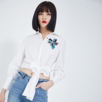 马克华菲女装2019夏新款系带拼接荷叶花边长袖衬衫