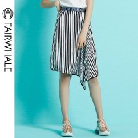 马克华菲女装2019夏装新款裙子时尚条纹个性拼接不规则裙摆中长裙