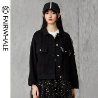 马克华菲女装 黑色牛仔外套 2019秋新款长袖西装领印花夹克外套