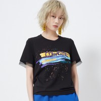 马克华菲女装2019夏字母贴布T恤女宽松百搭圆领亮片短袖T