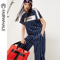 马克华菲女装2019秋深蓝色条纹宽松字母丝绒套装休闲运动风