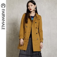 马克华菲女装2019秋双排扣刺绣腰带收腰英伦OL风衣外套