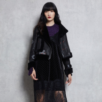 马克华菲女装2019冬短款机车服毛领气质修身黑色外套女