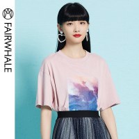 马克华菲女装2019夏装新款舒适棉弹粉色短袖T恤女宽松休闲上衣服