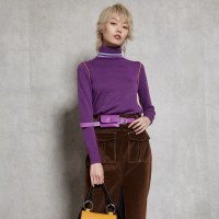 马克华菲女装2019冬高领紫色毛衫韩版修身套头长袖针织打底衫