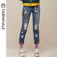 马克华菲女装2019秋浅蓝色牛仔裤宽松破洞贴布牛仔裤长裤女