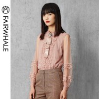 马克华菲女装2019秋纱透肤长袖袖粉色木耳边职场衬衫女