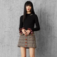 马克华菲女装 喇叭袖针织衫 2019秋季新款圆领长袖针织衫