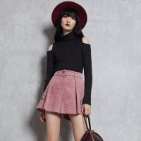 马克华菲女装2019冬高领纯色针织衫女韩版露肩长袖打底衫