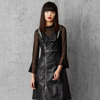 马克华菲女装 两件套连衣裙 2019秋季新款长袖皮质连衣裙